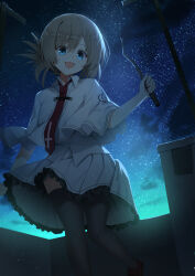  1girl :d absurdres backlighting baton_(weapon) black_thighhighs blue_eyes brown_hair brown_shoes capelet collared_shirt commentary cross cross_print expandable_baton eyes_visible_through_hair fang film_grain folded_ponytail foot_out_of_frame frilled_skirt frills hair_between_eyes hand_up happy highres holding_baton light_particles loafers looking_at_viewer medium_hair miniskirt moonlight necktie night nodoameyatou open_mouth outdoors pleated_skirt print_necktie railing red_necktie rooftop shirt shoes skin_fang skirt sky smile solo standing star_(sky) starry_sky subarashiki_hibi tachibana_kimika thigh-highs upskirt weapon white_capelet white_shirt white_skirt 