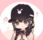  1girl baseball_cap black_hair black_headwear blush braid brown_eyes cellphone closed_mouth flying_sweatdrops hair_over_shoulder hands_up hat heart highres holding holding_phone hood hood_down hoodie long_hair looking_at_viewer low_twintails original phone pink_background smile solo stkme twin_braids twintails two-tone_background white_background white_hoodie 