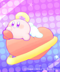  bright_pupils closed_mouth commentary_request full_body gradient_background halo hosimaru_kirby kirby kirby_(series) no_humans sitting smile solo traditional_halo twitter_username white_pupils wings 