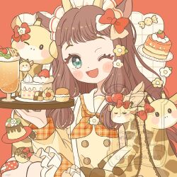  1girl ;d animal_ears blue_eyes blush_stickers border bow brown_hair cake checkerboard_cookie commentary cookie doughnut eeppa food giraffe giraffe_ears giraffe_girl green_eyes grid_background hair_bow highres holding holding_tray long_hair long_sleeves looking_at_viewer macaron melon_soda neckerchief one_eye_closed open_mouth orange_border orange_neckerchief original outside_border plaid_clothes plaid_neckerchief plaid_sleeves pudding red_bow shirt smile solo tray untranslatable_commentary upper_body white_background yellow_shirt 