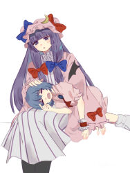  2girls bat_wings blue_bow blue_hair blunt_bangs bow closed_eyes commentary_request crescent crescent_hat_ornament dress dress_bow hair_bow hat hat_bow hat_ornament headpat lap_pillow light_blush long_hair lying missing_headwear mob_cap multiple_girls on_side open_mouth parted_lips patchouli_knowledge pink_dress purple_hair red_bow remilia_scarlet robe short_hair simple_background sleeping striped_clothes striped_dress suoo_u touhou vertical-striped_clothes vertical-striped_dress very_long_hair violet_eyes white_background wide_sleeves wings wrist_cuffs 