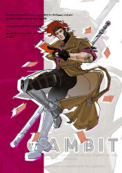  1boy arm_tattoo armor armored_boots black_bodysuit black_gloves black_sclera bo_staff bodysuit boots brown_coat character_name chinese_new_year coat colored_sclera covered_abs english_text envelope floating_clothes floating_hair freer full_body gambit gloves grey_boots grin highres holding holding_envelope holding_staff hongbao knee_up looking_to_the_side male_focus marvel marvel_rivals muscular muscular_male partially_fingerless_gloves pink_armor red_eyes red_hair short_hair smile solo staff tattoo trench_coat x-men 