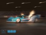  2023 car chevrolet chevrolet_corvette english_commentary fire from_side haow highres motion_blur motor_vehicle no_humans original race_vehicle racecar redesign vehicle_focus 
