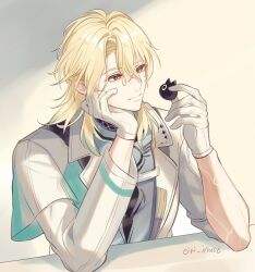  1boy asymmetrical_sleeves blonde_hair closed_mouth coat commentary_request eiri_illust elbow_on_table gloves hand_on_own_face head_rest highres holding lapels long_hair long_sleeves looking_at_object luuk_herssen_(wuthering_waves) male_focus notched_lapels parted_bangs parted_hair red_eyes shirt sitting smile twitter_username uneven_sleeves upper_body white_coat white_gloves wuthering_waves 