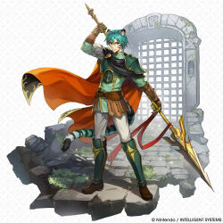  1boy absurdres animal_ear_fluff animal_ears aqua_eyes aqua_hair armor belt blue_eyes blue_hair boots brown_belt brown_boots brown_gloves cape commentary english_commentary ephraim_(fire_emblem) ephraim_(sky_lance)_(fire_emblem) facial_mark fire_emblem fire_emblem:_the_sacred_stones fire_emblem_shadows gloves green_eyes green_tunic highres holding holding_polearm holding_weapon kemonomimi_mode lance leg_armor looking_at_viewer male_focus nijihayashi official_art orange_cape pants polearm short_hair shoulder_armor siegmund_(lance) solo tail tiger_boy tiger_ears tiger_stripes tiger_tail tunic weapon white_pants 
