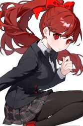  1girl black_pantyhose bow closed_mouth floating_hair grey_background hair_bow haru_(ririne9999rine) hashtag-only_commentary highres long_hair long_sleeves looking_at_viewer pantyhose persona persona_5 persona_5_the_royal plaid_clothes plaid_skirt ponytail red_bow red_eyes red_hair red_shoes school_uniform shoes shuujin_academy_school_uniform simple_background skirt solo yoshizawa_kasumi 