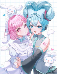  2girls absurdres aqua_bow aqua_eyes aqua_hair aqua_necktie aqua_trim arm_tattoo black_skirt black_sleeves bow breasts cinnamiku cinnamoroll closed_mouth creature detached_sleeves frilled_shirt frills fuwa_fuwa_cinnamoroll grey_shirt hair_between_eyes hair_bow hair_ornament hatsune_miku highres holding_hands hug long_hair looking_at_viewer medium_breasts multiple_girls necktie number_tattoo official_alternate_costume ootori_emu pink_eyes pink_hair pleated_skirt project_sekai sanrio shirt skirt sleeveless sleeveless_shirt sparkling_eyes tattoo twintails very_long_hair vocaloid wanderlands_k white_background white_bow white_shirt 