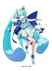  1girl absurdly_long_hair agyou_sonokou_l aqua_dress aqua_eyes aqua_hair blue_cape cape cinnamoroll commentary_request crown dress full_body fur-trimmed_cape fur_trim fuwa_fuwa_cinnamoroll gloves hair_between_eyes hatsune_miku highres long_hair mini_crown musical_staff musical_staff_print open_mouth rabbit sanrio shoes simple_background smile tilted_headwear twintails very_long_hair vocaloid white_background white_gloves white_shoes 