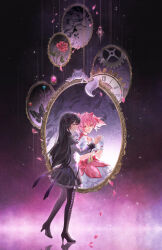  2girls akemi_homura akemi_homura_(magical_girl) analog_clock artist_name black_boots black_hair black_skirt boots clock closed_mouth commentary crying crying_with_eyes_open different_reflection dress english_commentary expressionless falling_petals flower full_body gears grief_seed hair_between_eyes hair_ribbon hand_up high_heel_boots high_heels highres insect_collection kaname_madoka kaname_madoka_(magical_girl) kyubey long_hair long_sleeves looking_at_mirror magical_girl mahou_shoujo_madoka_magica mahou_shoujo_madoka_magica_(anime) maplesyrupbeans mirror multiple_girls petals pink_hair red_eyes reflection ribbon short_hair short_sleeves short_twintails skirt soul_gem star_(sky) starry_sky_background tears twintails 
