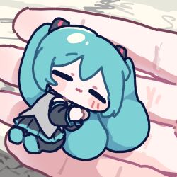 1girl 1other :3 black_boots black_skirt black_sleeves blue_hair blush_stickers boots chibi closed_eyes closed_mouth commentary detached_sleeves double-parted_bangs grey_shirt hashtag-only_commentary hatsune_miku highres holding holding_mini_person long_hair long_sleeves lying mini_person minigirl miratsu_(miratsu169) on_side pleated_skirt shirt skirt sleeping sleeveless sleeveless_shirt thigh_boots twintails vocaloid 