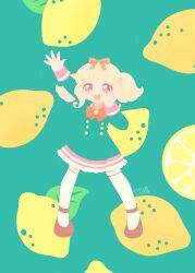  1girl :d absurdres aikatsu!_(series) aikatsu_on_parade! arm_up blending blonde_hair bow bowtie brown_shoes dress flat_color food fruit full_body green_background green_dress hair_ribbon hand_up highres kiseki_raki lemon long_hair long_sleeves looking_at_viewer open_mouth outstretched_arm pantyhose red_bow red_bowtie ribbon school_uniform shoes sidelocks smile solo standing star_harmony_academy_school_uniform twintails white_pantyhose yu_rune 