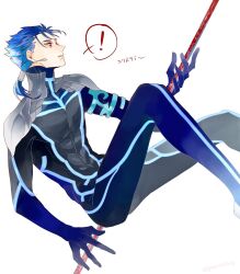  ! 1boy abs blue_bodysuit blue_hair bodysuit commentary_request covered_pectorals cu_chulainn_(fate) cu_chulainn_(fate/extra) fate/extra fate_(series) feet_out_of_frame gae_bolg_(fate) goshiko86g hair_tubes highres holding holding_polearm holding_weapon looking_ahead male_focus pectorals polearm ponytail red_eyes simple_background single_hair_tube solo spoken_exclamation_mark weapon white_background 