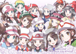  6+girls akari_(pokemon) bandana baseball_cap beanie black_hair black_shirt black_vest blonde_hair blue_eyes blue_hair blue_overalls blue_shirt blush bow brown_eyes brown_hair cardigan closed_mouth collarbone commentary_request donut_hair_bun double_bun elaine_(pokemon) eyewear_on_headwear galaxy_expedition_team_survey_corps_uniform gloria_(pokemon) green_hat grey_cardigan grey_eyes hair_bun hair_ornament hairclip hat hat_bow headscarf high_ponytail hikari_(pokemon) hilda_(pokemon) jacket juliana_(pokemon) kris_(pokemon) leaf_(pokemon) long_hair looking_at_viewer lyra_(pokemon) may_(pokemon) morisawa_machi multiple_girls one_eye_closed open_clothes open_mouth open_vest overalls pink_hat pokemon pokemon_bw pokemon_bw2 pokemon_dppt pokemon_frlg pokemon_gsc pokemon_hgss pokemon_legends:_arceus pokemon_lgpe pokemon_rse pokemon_sm pokemon_swsh pokemon_xy ponytail raglan_sleeves red_bandana red_hat red_scarf red_shirt ribbon rosa_(pokemon) scarf selene_(pokemon) serena_(pokemon) shirt short_hair short_sleeves sidelocks smile teeth twintails vest visor_cap white-framed_eyewear white_hat white_headscarf white_shirt wristband yellow_hat yellow_shirt 