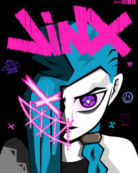  1girl absurdres anbeauty0902 black_background black_shirt blue_hair braid closed_mouth commentary_request expressionless hair_over_one_eye highres jinx_(league_of_legends) korean_commentary league_of_legends long_hair looking_at_viewer pale_skin shirt solo sparkle straight-on undercut violet_eyes 