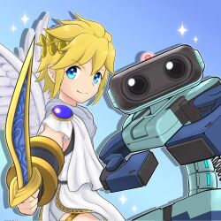  1boy alternate_color angel_wings blonde_hair blue_background blue_eyes cable commentary_request commission drop_shadow family_computer_robot highres kid_icarus kid_icarus_uprising laurel_crown looking_at_viewer na_son_(nq_son) palutena_bow_(kid_icarus) pit_(kid_icarus) player_2 robot sparkle super_smash_bros. wings 