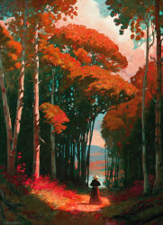  1boy absurdres artist_name clouds commentary english_commentary forest from_behind grass hat highres landscape nature original outdoors painterly path raja_nandepu red_grass red_leaf samurai scenery sunlight 