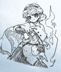  1girl cape closed_mouth commentary_request commission dress hairband long_sleeves looking_at_viewer medium_hair menotama multi-source_commentary patchwork_clothes pointing pouch sky_print smile solo tenkyuu_chimata touhou traditional_media two-sided_cape two-sided_fabric 