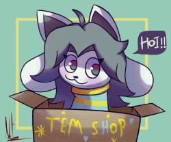  1girl 2023 2d absurdres animal aqua_shirt body_fur box commentary creature digital_media english_commentary eyelashes female female_only gradient_eyes green_background grey_hair highres in_box inset_border multiple_animal_ears nemotraart shirt signature simple_background solo speech_bubble striped_clothes striped_shirt tail temmie text two-tone_eyes two-tone_shirt undertale utdr_(toby_fox) white_fur yellow_stripes 