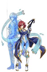  1boy 1girl ahoge armor back-to-back blue_bodysuit blue_cape bodysuit boots bowgun braid braided_ponytail breasts brown_hair cape cleavage_cutout closed_mouth clothing_cutout coat coattails conny_(langrisser) covered_navel cyberspace digital_dissolve eyewear_strap floating floating_cape floating_clothes floating_object full_body game_cg glasses gloves gold_trim hair_over_one_eye hands_in_pockets head_tilt high_collar high_heels highres holding holding_bowgun holding_weapon hologram joa_(langrisser) knee_boots knee_guards langrisser langrisser_mobile langrisser_re:incarnation light_smile looking_at_viewer looking_back medium_hair messy_hair military_uniform multicolored_bodysuit official_art open_clothes open_coat parted_lips pigeon-toed scope semi-rimless_eyewear shoulder_armor simple_background skin_tight small_breasts standing tachi-e tailcoat tassel third-party_source transparent_background under-rim_eyewear violet_eyes weapon white_bodysuit white_boots white_gloves 