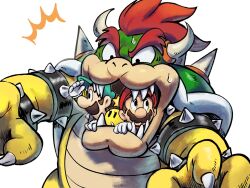  3boys :o ^^^ armlet black_collar black_eyes bowser bracelet brown_facial_hair brown_hair claws collar facial_hair gloves green_hat hand_on_another's_mouth hand_up hat highres horns jewelry looking_up luigi male_focus mario mario_&amp;_luigi:_bowser's_inside_story mario_&amp;_luigi_rpg multiple_boys mustache nostrils open_mouth person_in_mouth red_hair red_hat red_shirt shading_eyes sharp_teeth shirt short_hair spiked_armlet spiked_bracelet spiked_collar spiked_shell spikes star_(symbol) starlow super_mario_bros. surprised sweat teeth turtle_shell white_background white_gloves yamari_(ya_mari_6363) 