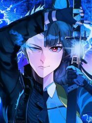 1boy 1girl animal_ears devil_may_cry devil_may_cry_(series) fox_ears hoshimi_miyabi iaidou katana long_hair short_hair split_screen vergil_(devil_may_cry) zenless_zone_zero