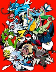 anniversary arboliva beak bird bone bug claws closed_eyes commentary_request cotton_ball crow dragon dragonfly eldegoss everyone excadrill fangs flygon gyarados hair_tie highres honchkrow kingdra mandibuzz meruru_gu mole nidorina no_humans olive pokemon prismarina red_background red_eyes sea_dragon seal_(animal) signature vulture whiskers wings