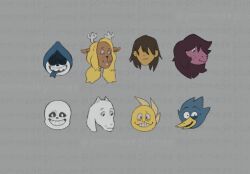  2021 2d 2others 3boys 3girls ambiguous_gender animal_ears anthro antlers artist_name avian beak berdly_(deltarune) bird bird_boy blonde_hair blue_feathers blue_tongue body_fur brown_hair buck_teeth colored_sclera colored_skin colored_tongue creature cropped_head deer deer_ears deer_girl digital_media droopy_ears fangs female female_only floppy_ears freckles furry furry_female furry_male goat goat_ears goat_girl goat_horns grey_background hair_over_eyes highres horns human humanoid kris_(deltarune) lancer_(deltarune) lizard lizard_girl long_hair male mammal monster monster_boy monster_girl monster_kid_(undertale) multiple_boys multiple_girls multiple_others noelle_holiday orange_fur pommedeplumee purple_hair purple_skin reindeer reindeer_girl reptile reptile_girl sans_(undertale) scalie short_hair simple_background skeleton spade_(shape) susie_(deltarune) teeth tongue tongue_out toriel undead undertale utdr_(toby_fox) white_fur white_horns yellow_beak yellow_sclera yellow_skin 