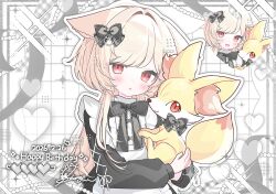  1girl :d :o animal_ears apron black_bow black_bowtie black_dress blush bow bowtie commentary dated dot_nose dress ears_down fennekin fox_ears fox_girl fox_tail grid_background hair_bow hair_intakes hair_ornament happy_birthday heart holding holding_pokemon long_hair long_sleeves looking_at_viewer multiple_views open_mouth original pink_hair pixelated pokemon pokemon_(creature) red_eyes shiromomo_sui smile sparkle tail untranslatable_commentary upper_body white_apron white_background 