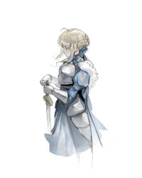  1girl absurdres ahoge armor artoria_pendragon_(fate) blonde_hair blue_bow blue_cape blue_dress blush bow braid braided_bun breastplate cape closed_mouth cowboy_shot dress excalibur_(fate/stay_night) fate/grand_order fate_(series) faulds floating_hair from_side full_armor fur-trimmed_cape fur_trim gauntlets green_eyes grey_armor hair_bow hair_bun half-closed_eyes hands_up highres holding holding_sword holding_weapon juliet_sleeves kanji_(nievart) long_sleeves looking_to_the_side pauldrons puffy_sleeves saber_(fate) short_hair shoulder_armor sidelocks simple_background solo standing sword weapon white_background 