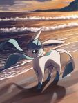  animal_focus bright_pupils closed_mouth clouds commentary_request frown glaceon highres kuchiba_(jret2454) looking_up no_humans outdoors pokemon pokemon_(creature) sand shore signature sky solo standing twilight water white_pupils 