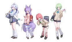  4girls absurdres ahoge aokumo_rin aqua_bow aqua_bowtie backpack bag bag_charm bandaid bandaid_on_knee bandaid_on_leg black_shoes black_skirt blue_bow blue_eyes blue_hair blue_skirt blush bow bowtie braid breast_pocket breasts brown_cardigan brown_shoes cardigan cellphone character_doll charm_(object) chico_(yuzuha_riko) clothes_around_waist clouds collared_shirt colored_eyelashes commentary doll dress_shirt four-leaf_clover_ornament full_body green_bow green_bowtie green_eyes green_hair grey_bag grey_hair grey_skirt grey_sweater grin gyaru gyaru_v hair_intakes hair_ornament hairclip hanako_nana handbag heart heart_hair_ornament highres holding holding_bag holding_phone kogal kurimi_(aokumo_rin) leaning_forward leg_warmers loafers long_sleeves looking_at_viewer looking_to_the_side loose_bowtie loose_socks medium_breasts medium_hair miniskirt multicolored_hair multiple_girls one_eye_closed open_mouth paint_on_body paint_splatter peto_(hanako_nana) phone phone_in_pocket pink_cardigan pink_hair pink_leg_warmers plaid_clothes plaid_skirt pleated_skirt pocket pulling_own_clothes purple_hair randoseru school_bag school_uniform scrunchie shirt shoes short_hair shoulder_bag side-tie_peek simple_background skirt smartphone smile socks standing stellive streaked_hair striped_clothes striped_thighhighs sweat sweater sweater_around_waist tay_(cdjk7758) tenko_shibuki thigh-highs thighs untranslatable_commentary v violet_eyes virtual_youtuber white_background white_eyelashes white_hair white_shirt white_socks wing_collar wispy_bangs wrist_scrunchie x_hair_ornament yuzuha_riko 