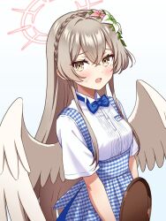  1girl alternate_costume angel_wings apron blue_apron blue_archive blue_bow blue_bowtie blue_skirt blush bow bowtie braid brown_hair collared_shirt commentary crown_braid employee_uniform feathered_wings flower gesupi_(provlemsolver57) gingham_apron gingham_clothes hair_flower hair_ornament halo highres holding holding_tray kobeya_uniform long_hair looking_at_viewer low_wings nagisa_(blue_archive) name_tag open_mouth pink_halo shirt short_sleeves simple_background skirt small_sweatdrop solo tray upper_body waitress white_shirt white_wings wings yellow_eyes 