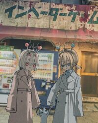  2girls :> ahoge antennae blonde_hair brown_coat cat coat commentary_request cone_horns cosmos_34 hair_between_eyes hair_between_horns highres holding_hands horns lapels multiple_girls nervous_sweating notched_lapels original red_eyes red_horns short_twintails storefront sweat thick_eyebrows twintails vending_machine white_coat white_hair 