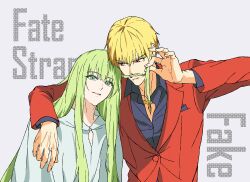  1boy 1other absurdres arm_around_shoulder black_shirt blonde_hair copyright_name english_text enkidu_(fate) fate/strange_fake fate_(series) gilgamesh_(fate) green_eyes green_hair hashtag-only_commentary highres jeongbae22 jewelry long_hair long_sidelocks long_sleeves looking_at_another looking_at_viewer necklace official_alternate_costume parted_lips partially_unbuttoned playing_with_another's_hair red_eyes red_suit robe shirt short_hair sidelocks smile suit upper_body white_robe 