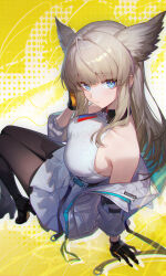  1girl absurdres animal_ears arknights arknights:_endfield arm_support armpit_crease bare_shoulders belt bird_ears bird_girl black_pantyhose black_shoes blue_eyes breasts brown_hair closed_mouth commentary_request dress extra_ears halter_dress halterneck high_heels highres jacket looking_at_viewer medium_breasts off_shoulder open_clothes open_jacket pantyhose perlica_(arknights) quilted_jacket shali shoes sleeveless sleeveless_dress solo two-sided_gloves white_dress yellow_background 