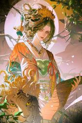  1girl absurdres calligraphy_brush chinese_clothes commentary_request cowboy_shot glowtoast highres holding holding_calligraphy_brush holding_paintbrush jewelry makeup moon outdoors paintbrush path_to_nowhere plant yugu_(path_to_nowhere) 
