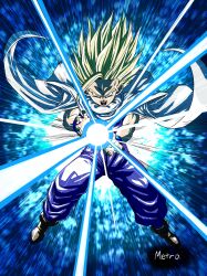  absurdres artist_name aura blonde_hair brown_shoes cape commentary_request dragon_ball dragon_ball_z electricity energy_beam green_eyes highres incoming_attack kamehameha_(dragon_ball) muscular muscular_male open_mouth pants purple_pants saiyan shoes son_gohan spiky_hair super_saiyan super_saiyan_2 toriyama_akira_(style) white_cape yamuchasiyagatte 