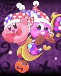  arm_up bow bowtie commentary_request full_body grin halloween halloween_bucket hat highres hosimaru_kirby jester_cap kirby kirby_(series) marx_(kirby) no_humans open_mouth purple_background red_bow red_bowtie silk smile spider_web split-color_clothes violet_eyes wings 