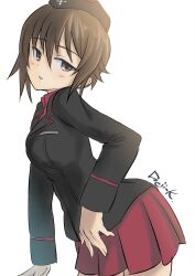  arm_support artist_name black_hat black_jacket blush breasts brown_eyes brown_hair commentary_request cross from_side garrison_cap girls_und_panzer hair_between_eyes hat highres iron_cross jacket kuromorimine_military_uniform kuroneko_douji large_breasts long_sleeves looking_at_viewer military military_hat military_jacket military_uniform nishizumi_maho pleated_skirt red_shirt red_skirt shirt short_hair simple_background skirt sunlight turning_head white_background 