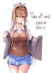  1girl blazer blue_skirt blush bow breasts brown_hair brown_sweater doki_doki_literature_club green_eyes grey_jacket hair_ribbon highres jacket large_breasts looking_at_viewer machulanko meme miniskirt monika_(doki_doki_literature_club) outstretched_arms pleated_skirt ponytail ribbon school_uniform skirt smile spread_arms sweater twitter_strip_game_(meme) white_jacket white_ribbon 