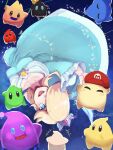  1girl blonde_hair blue_dress blue_eyes brooch crown dress hair_over_one_eye hat highres hungry_luma_(super_mario_galaxy) jewelry kohana_62 long_hair long_sleeves looking_at_viewer lubba luma_(mario) open_mouth polari_(super_mario_galaxy) rosalina space sparkle super_mario_bros. super_mario_galaxy twitter_username upside-down 