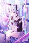  1girl absurdres animal_ear_headphones animal_ears black_choker blue_eyes choker clothing_cutout cross-laced_clothes decora facial_mark fake_animal_ears grey_hair hair_between_eyes hair_ornament headphones highres howless long_hair looking_at_viewer mirror negai_wa_itsuka_asa_o_koete_(project_sekai) official_alternate_costume parted_lips project_sekai purple_bag purple_leg_warmers purple_theme round_bag shirt short_sleeves shoulder_cutout striped_arm_warmers stuffed_animal stuffed_cat stuffed_toy t-shirt very_long_hair winged_bag x_hair_ornament yami_kawaii yoisaki_kanade 