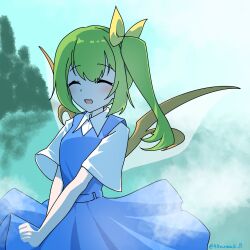  1girl :d aomurasaki_r blue_dress blush closed_eyes clouds collared_shirt commentary daiyousei dress fairy_wings green_hair hair_ribbon highres medium_hair misty_lake one-hour_drawing_challenge open_mouth pinafore_dress ribbon shirt short_sleeves side_ponytail sleeveless sleeveless_dress smile solo standing touhou tree twitter_username wings yellow_ribbon 