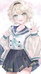  1girl aqua_eyes aqua_sailor_collar bag black_hairband blonde_hair cardigan cherry_blossoms commentary_request hairband highres hololive kazama_iroha kazama_iroha_(school_uniform) pleated_skirt sailor_collar school_bag school_uniform short_hair skirt srmocca virtual_youtuber waving 