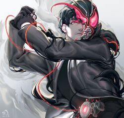  1boy absurdres andretown armor artist_logo beard_stubble black_armor black_gloves black_hair black_jacket black_pants black_shirt century_king_sun_driver commentary dated facial_hair fingerless_gloves from_below gloves grey_eyes henshin henshin_pose highres jacket kamen_rider kamen_rider_black_sun kamen_rider_black_sun_(series) logo looking_ahead male_focus minami_koutarou pants rider_belt serious shirt smoke solo stubble tokusatsu transformation upper_body white_background 