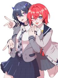  2girls alternate_costume ange_katrina black_collar blue_eyes blue_hair blue_horns blue_skirt blush collar collared_shirt commentary_request crossed_bangs demon_horns grey_jacket grey_necktie grey_skirt gyaru_v hair_between_eyes hair_intakes hair_ornament hairclip hand_on_another's_hand hand_on_another's_shoulder hand_up hands_up highres horns houndstooth hug hug_from_behind ichinose_uruha ichinose_uruha_(6th_costume) jacket lapels leg_up lollipop_in_mouth long_bangs looking_at_viewer medium_hair miniskirt multiple_girls necktie nijisanji notched_lapels one_eye_closed open_clothes open_jacket open_mouth pink_eyes pleated_skirt print_necktie print_skirt red_hair school_uniform shirt simple_background single_off_shoulder skirt smile teeth tie_clip upper_teeth_only v virtual_youtuber vspo! white_background white_shirt yamabuki_829 
