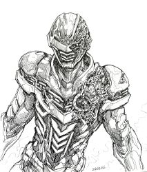  1boy adi_(adivider) armor armored_bodysuit battle_damage bodysuit broken_armor character_mask character_request chou_uchuu_keiji_gavan_infinity combat_helmet damaged death_gavan exposed_internal_machinery full_armor helmet highres male_focus mask science_fiction tokusatsu 