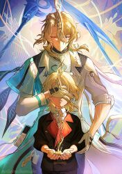  2boys age_comparison black_jacket blonde_hair closed_mouth coat commentary covering_another's_eyes dna dual_persona english_commentary gloves gold_blood hair_between_eyes hands_up id_card jacket looking_down luuk_herssen_(wuthering_waves) multicolored_hair multiple_boys parted_lips red_eyes redricewine scythe sleeve_rolled_up streaked_hair time_paradox white_coat white_gloves wuthering_waves 