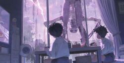  2boys absurdres backlighting black_hair blue_shorts calendar_(object) child chinese_commentary collared_shirt commentary_request controller curtains electric_fan english_commentary food fruit game_controller giant glowing glowing_eyes highres holding holding_controller holding_game_controller horror_(theme) indian_style lightning long_sleeves looking_outside looking_through_own_legs mayozom mixed-language_commentary monster multiple_boys nintendo_switch original playing_games rain red_eyes shirt short_hair shorts sitting table television watermelon white_shirt 