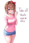  1girl bare_legs blue_eyes blush breasts brown_hair doki_doki_literature_club hair_between_eyes hair_ribbon highres large_breasts long_sleeves machulanko meme open_mouth pink_shirt playing_with_own_hair red_ribbon ribbon sayori_(doki_doki_literature_club) shirt short_hair shorts smile twitter_strip_game_(meme) white_background 